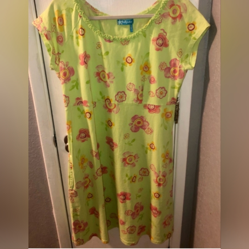 FRESH PRODUCE Lime Green Floral Cotton Dress Sz L